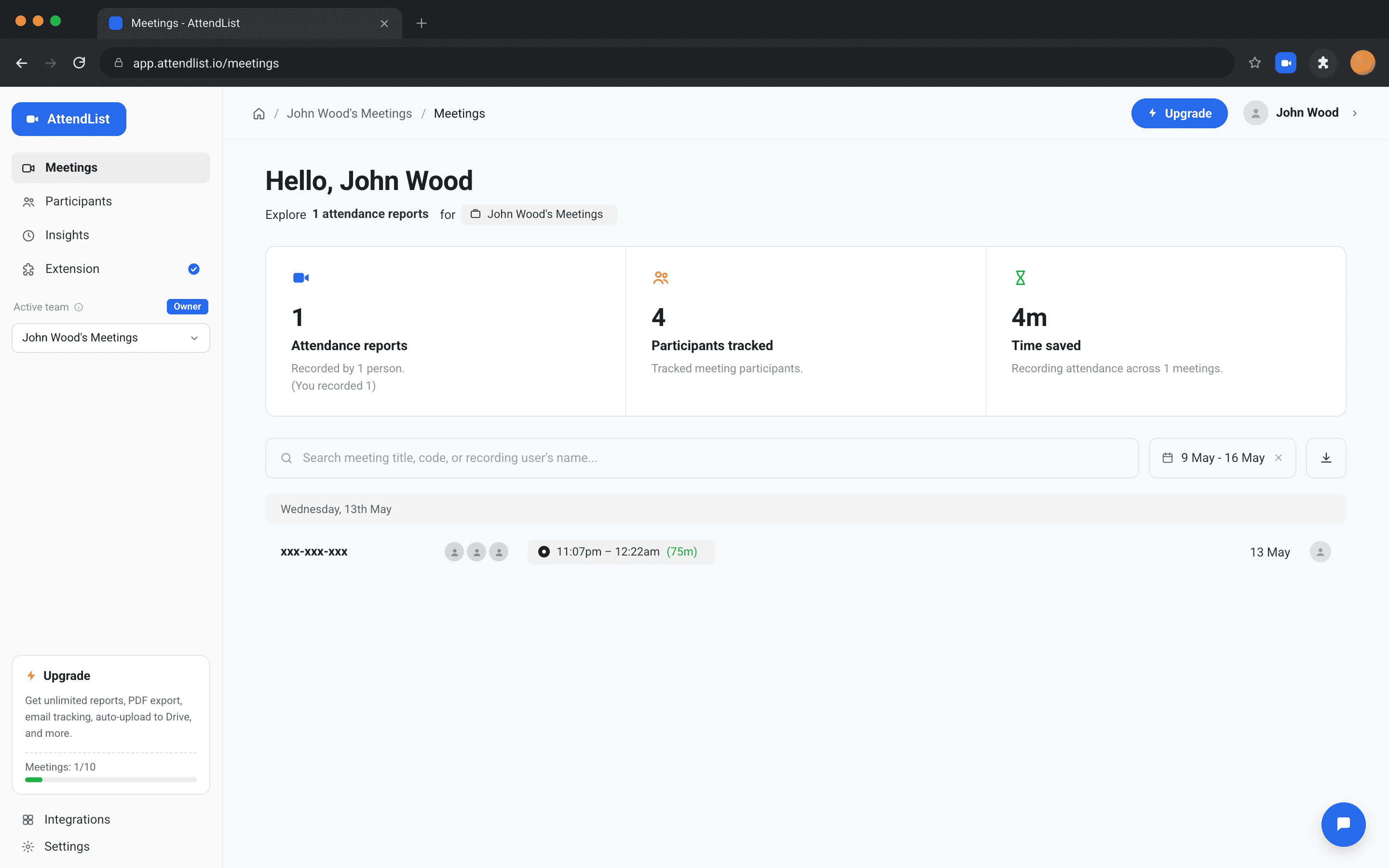 AttendList dashboard with meeting list and participant counts