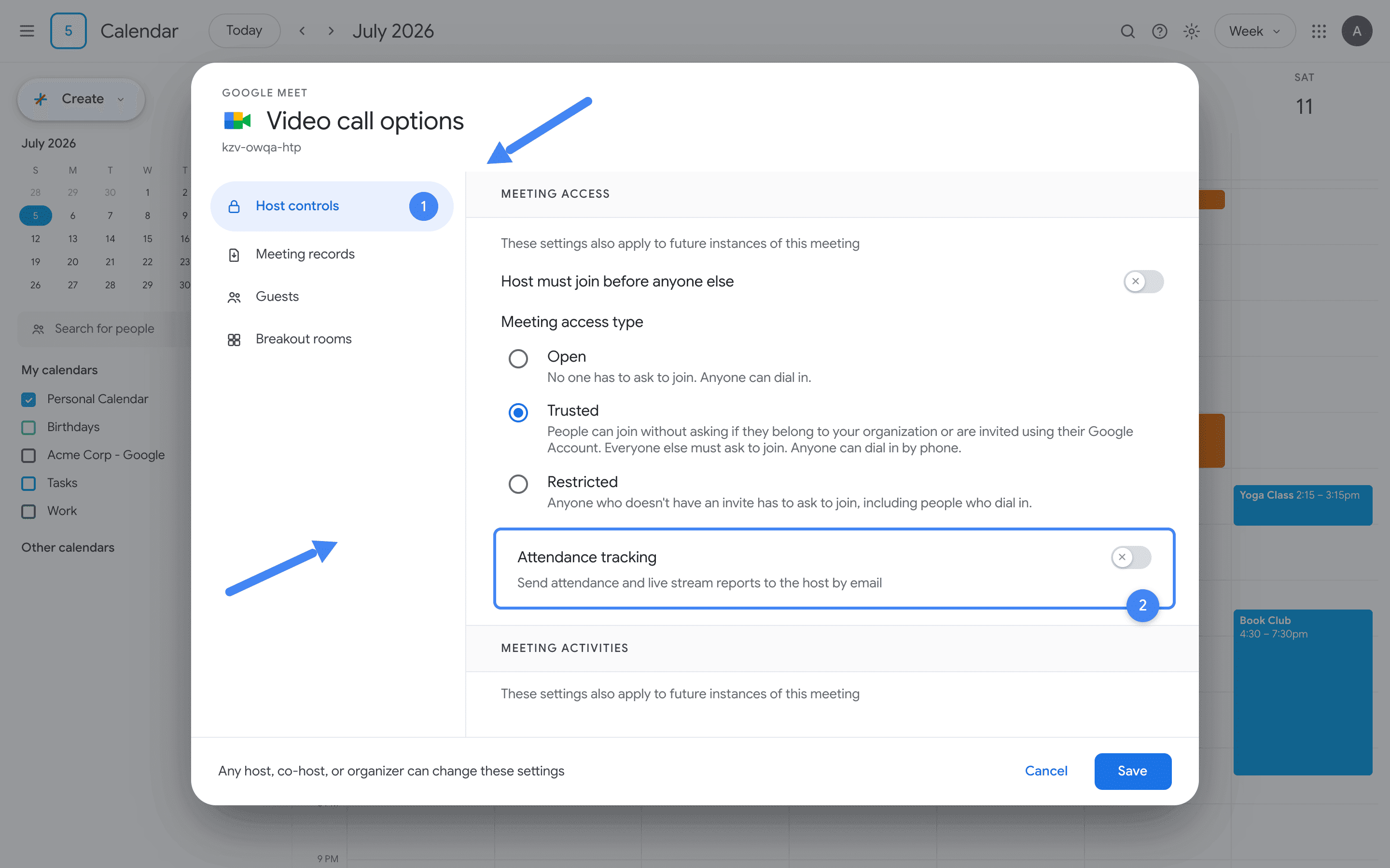 Google Calendar event settings showing the Attendance tracking toggle checkbox