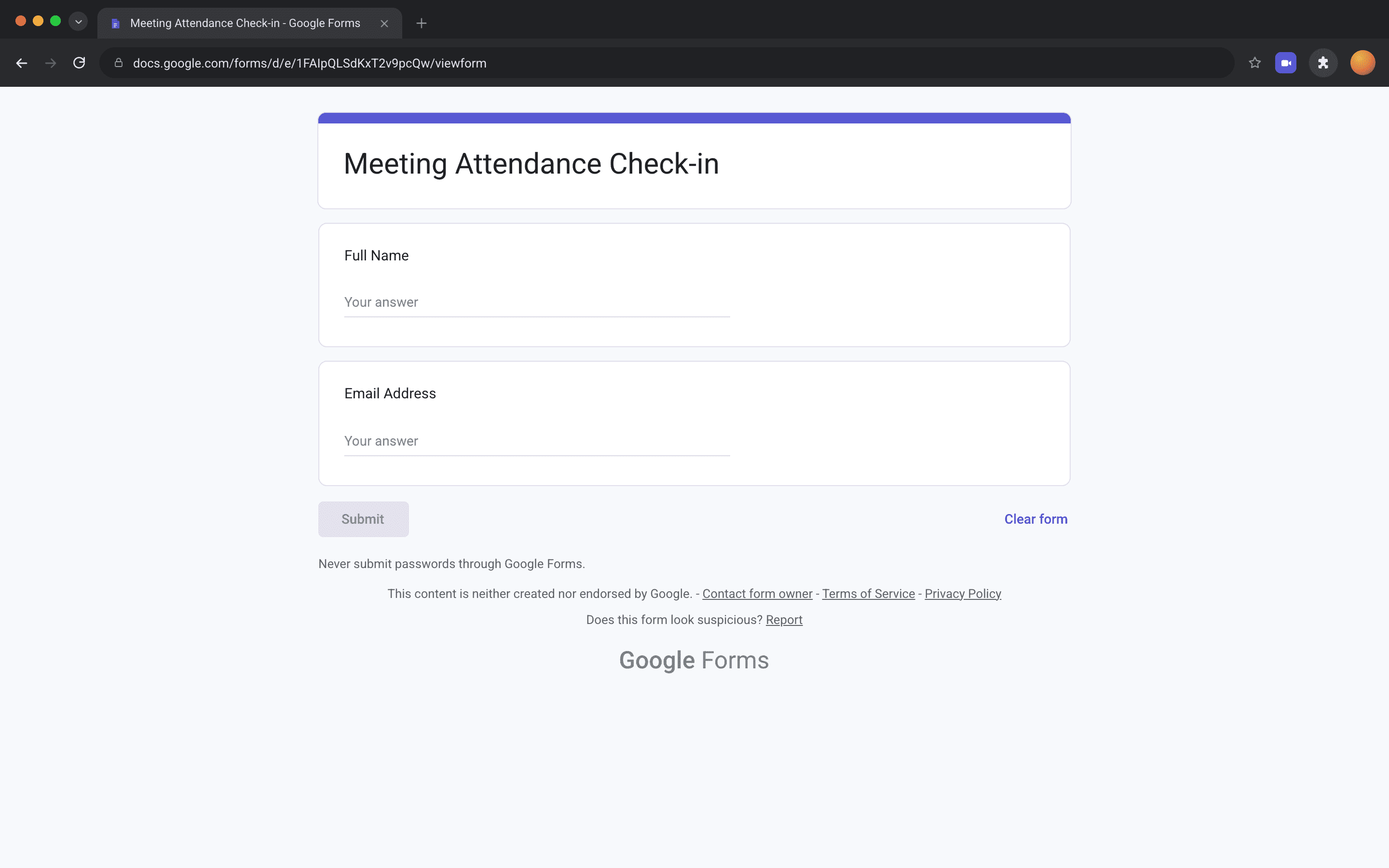 Simple Google Form with attendance check-in question