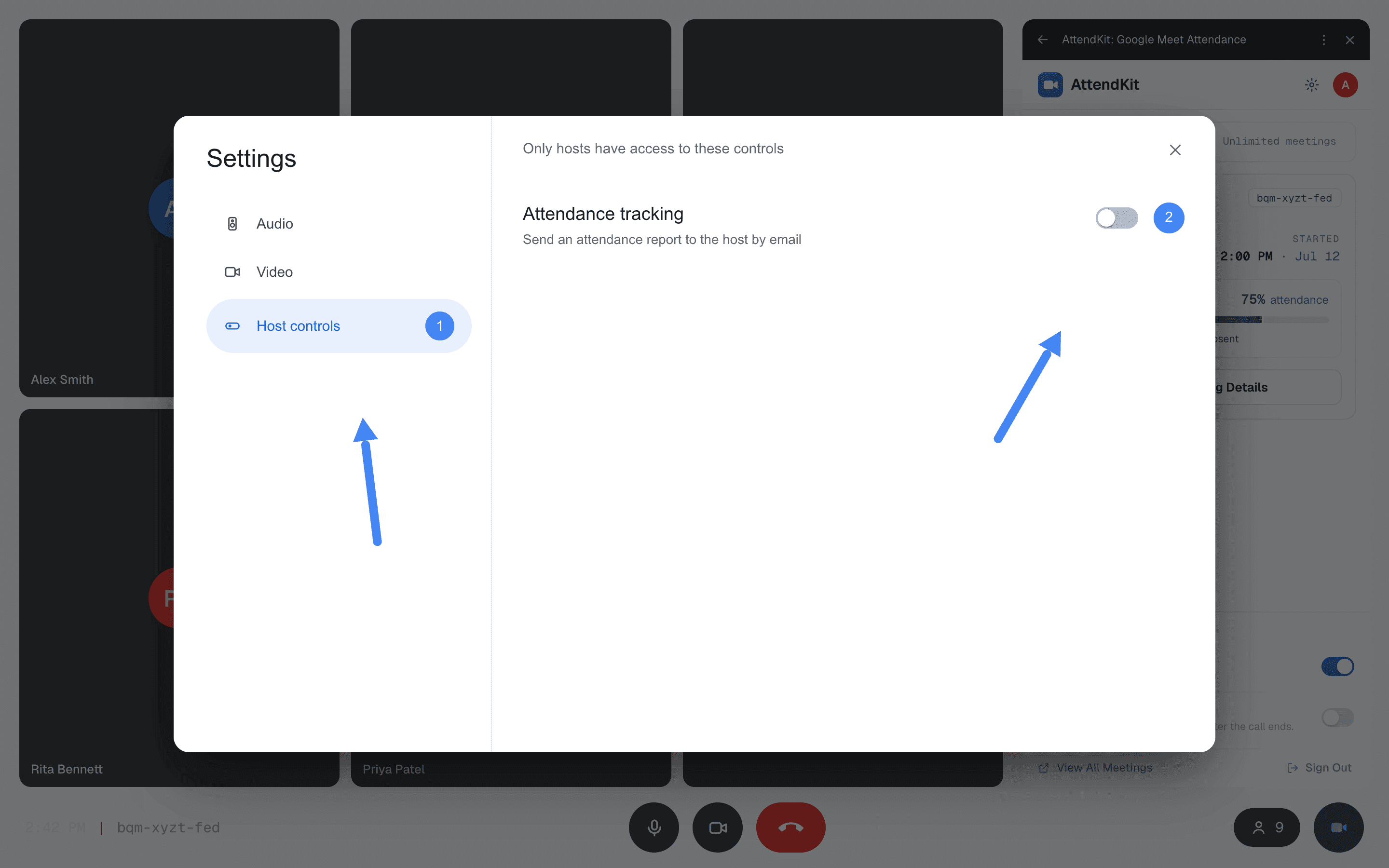 Google Meet Host Controls panel with Attendance tracking toggle