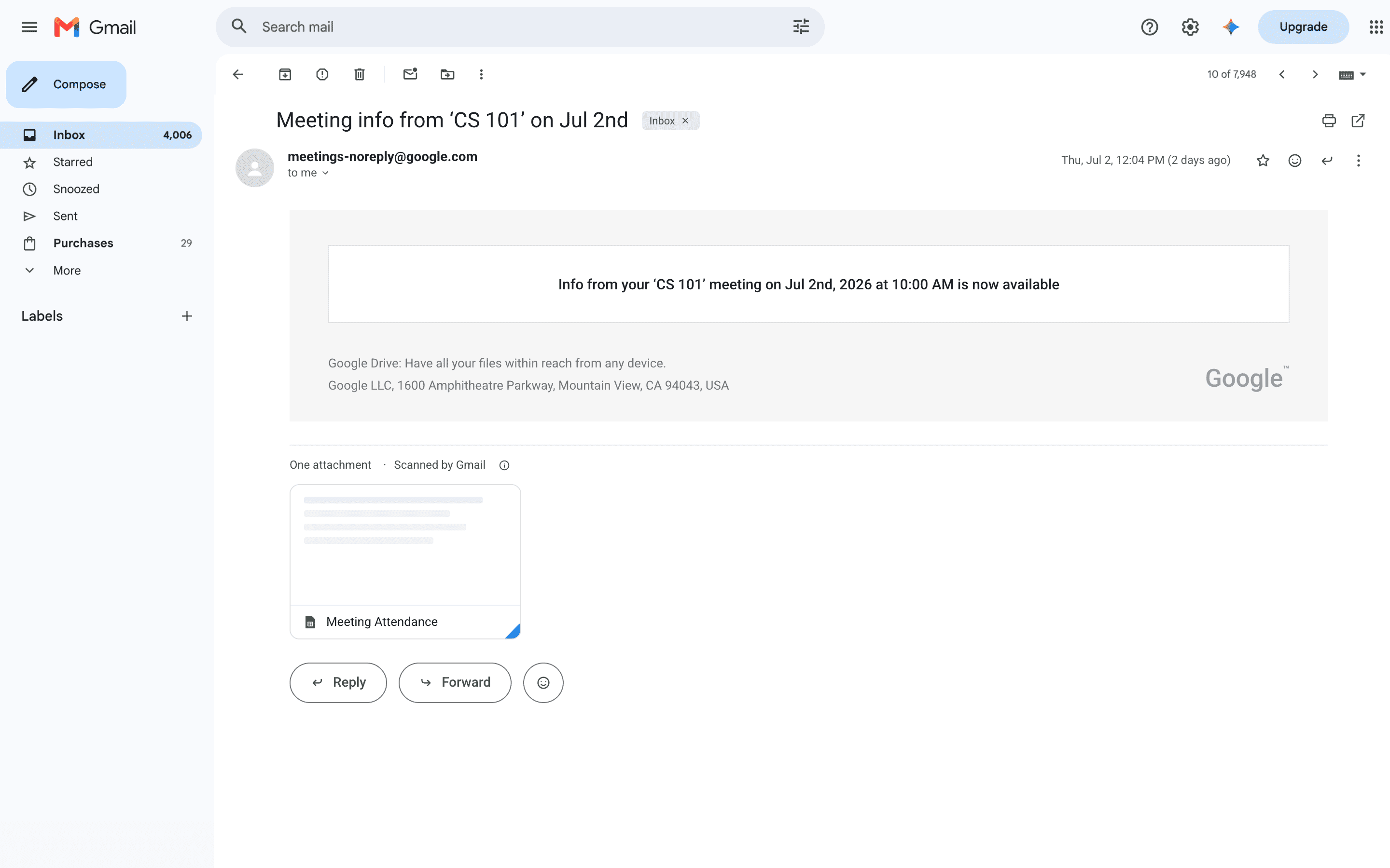Sample Google Workspace attendance CSV email