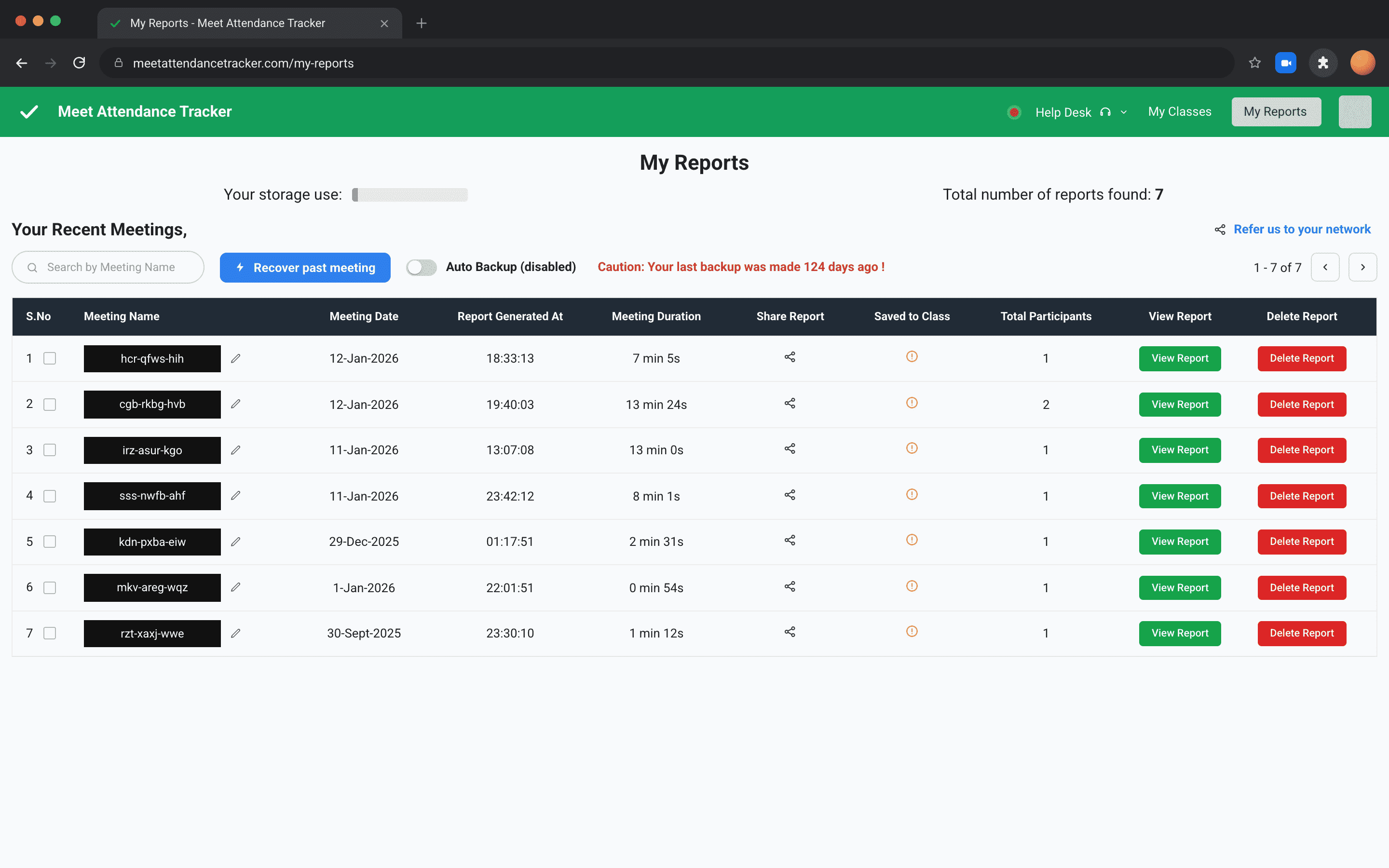 Meet Attendance Tracker extension showing class roster with present/absent markers