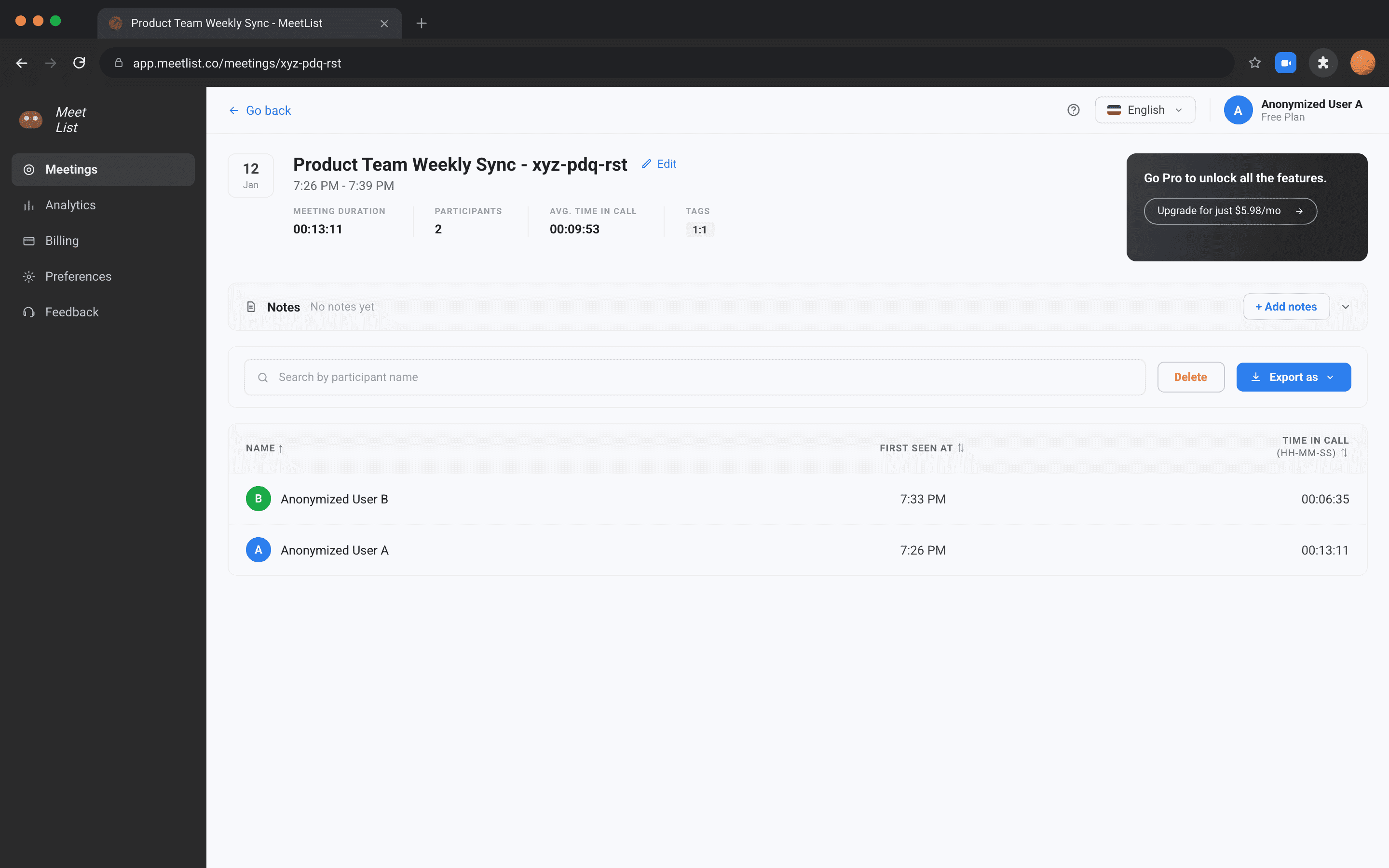 MeetList Chrome extension popup with participant list CSV export