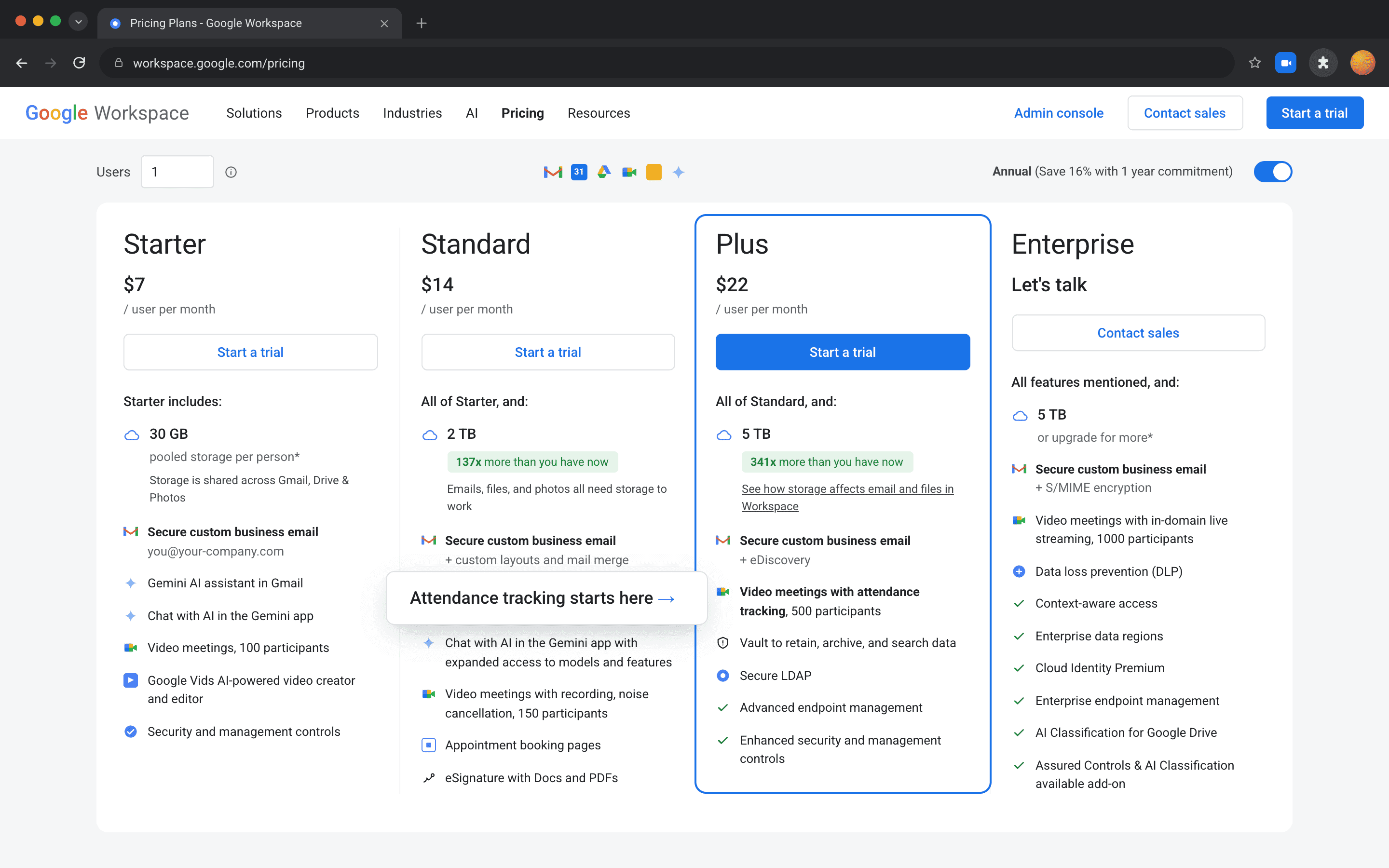 Google Workspace pricing page with Business Plus highlighted