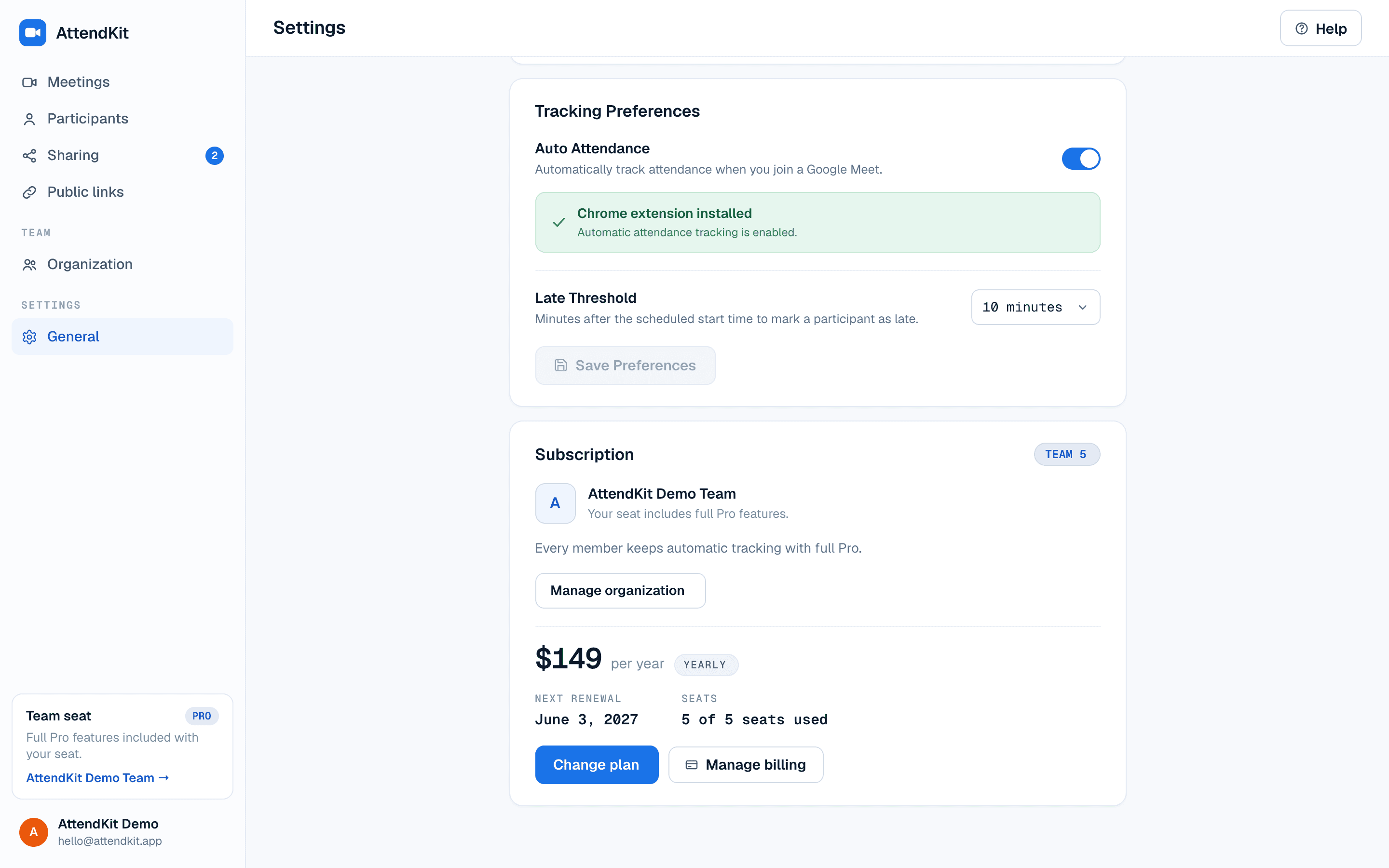Settings page showing subscription management