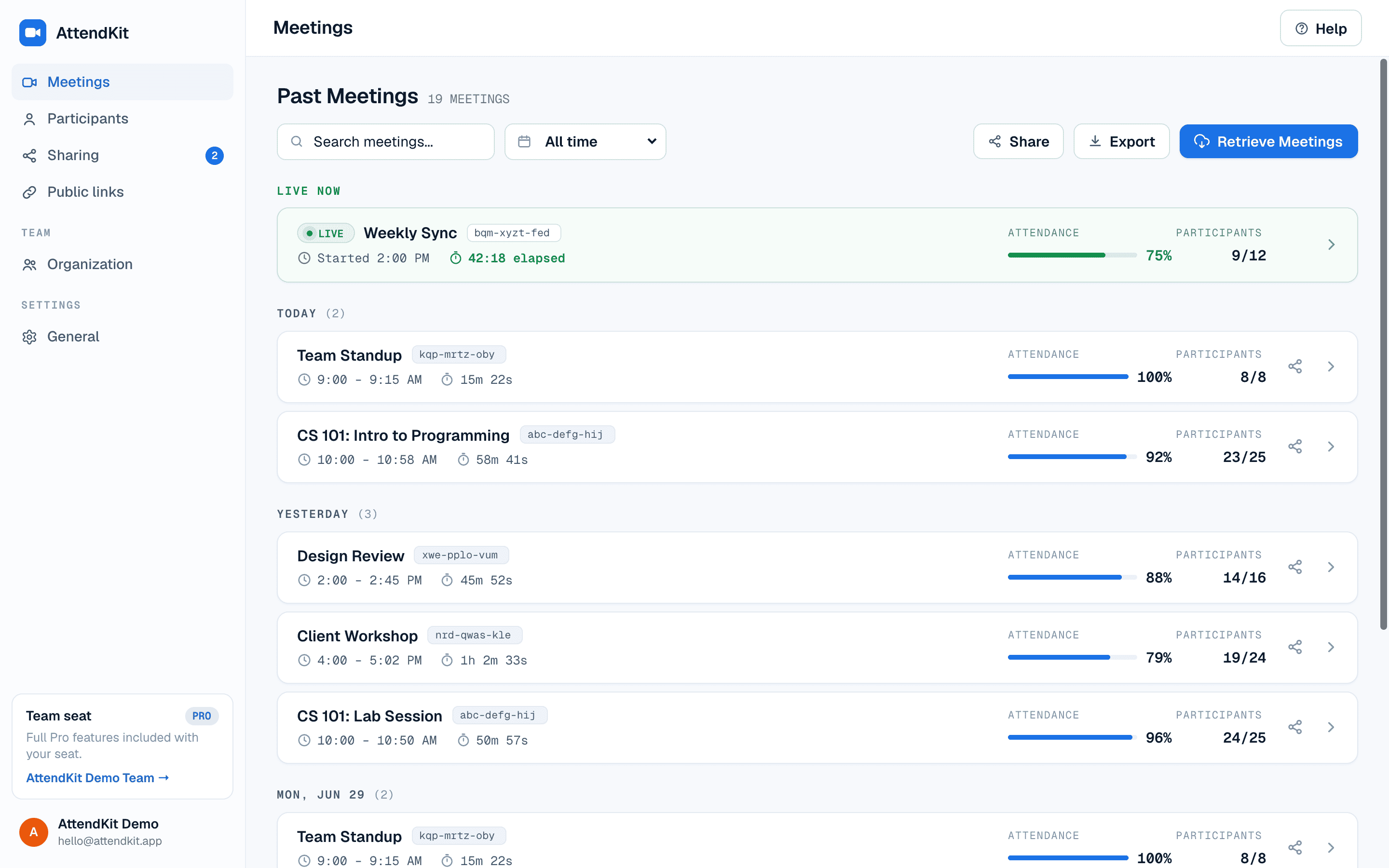 AttendKit dashboard showing tracked meetings with attendance stats