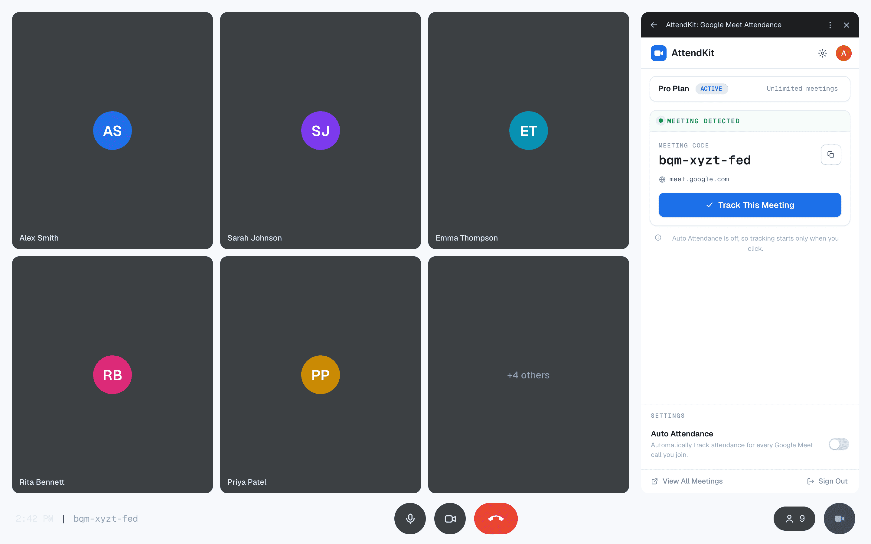 AttendKit add-on open in the Google Meet side panel