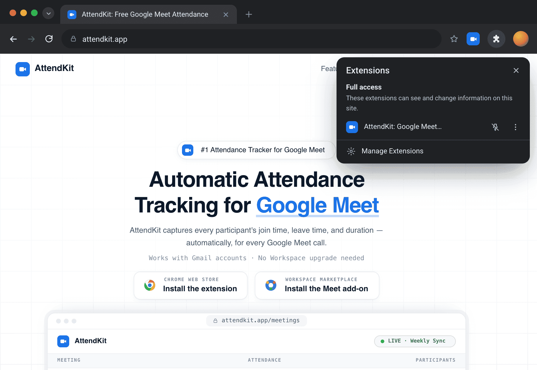 Pinning the AttendKit extension to the Chrome toolbar