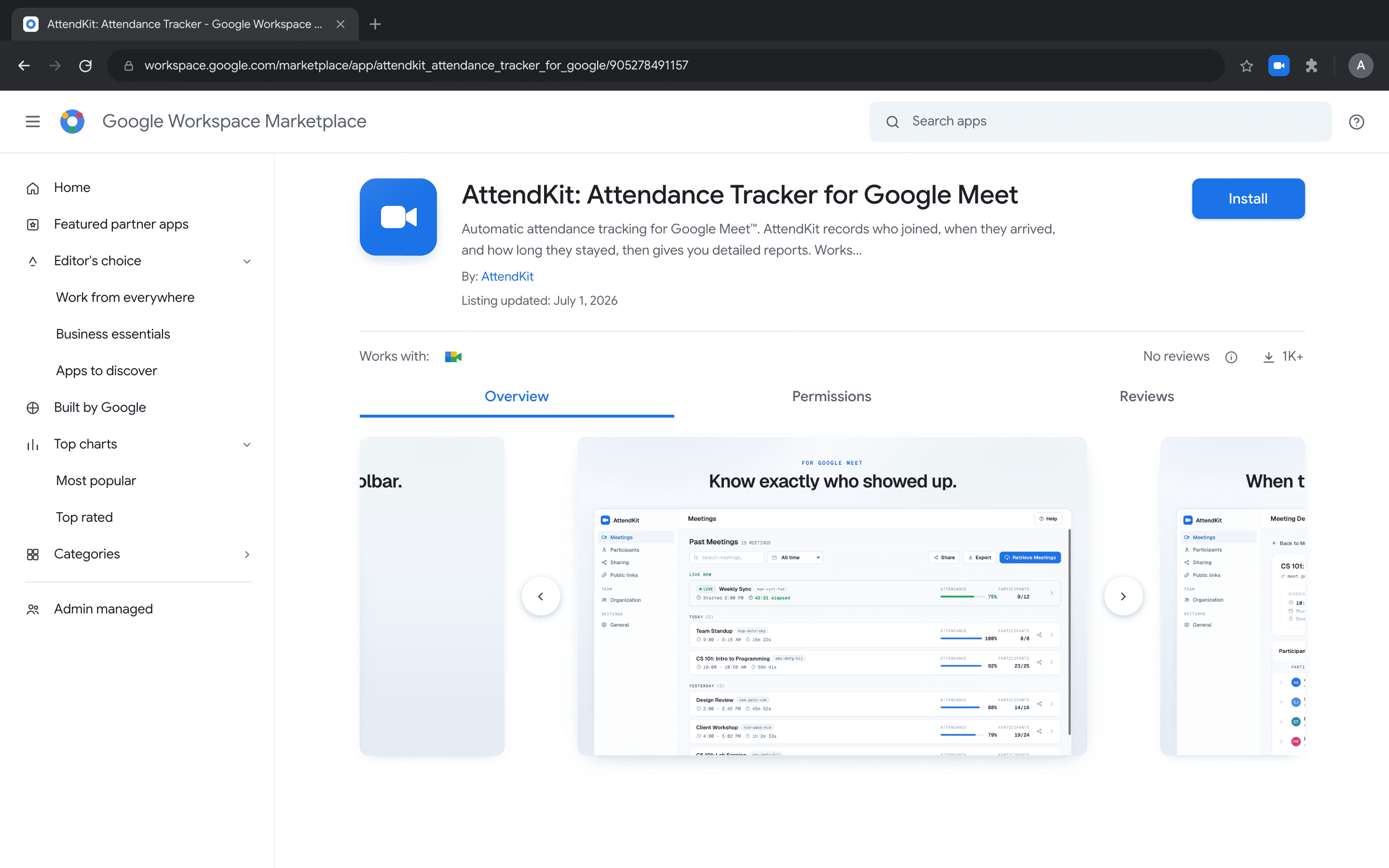AttendKit listing on the Google Workspace Marketplace
