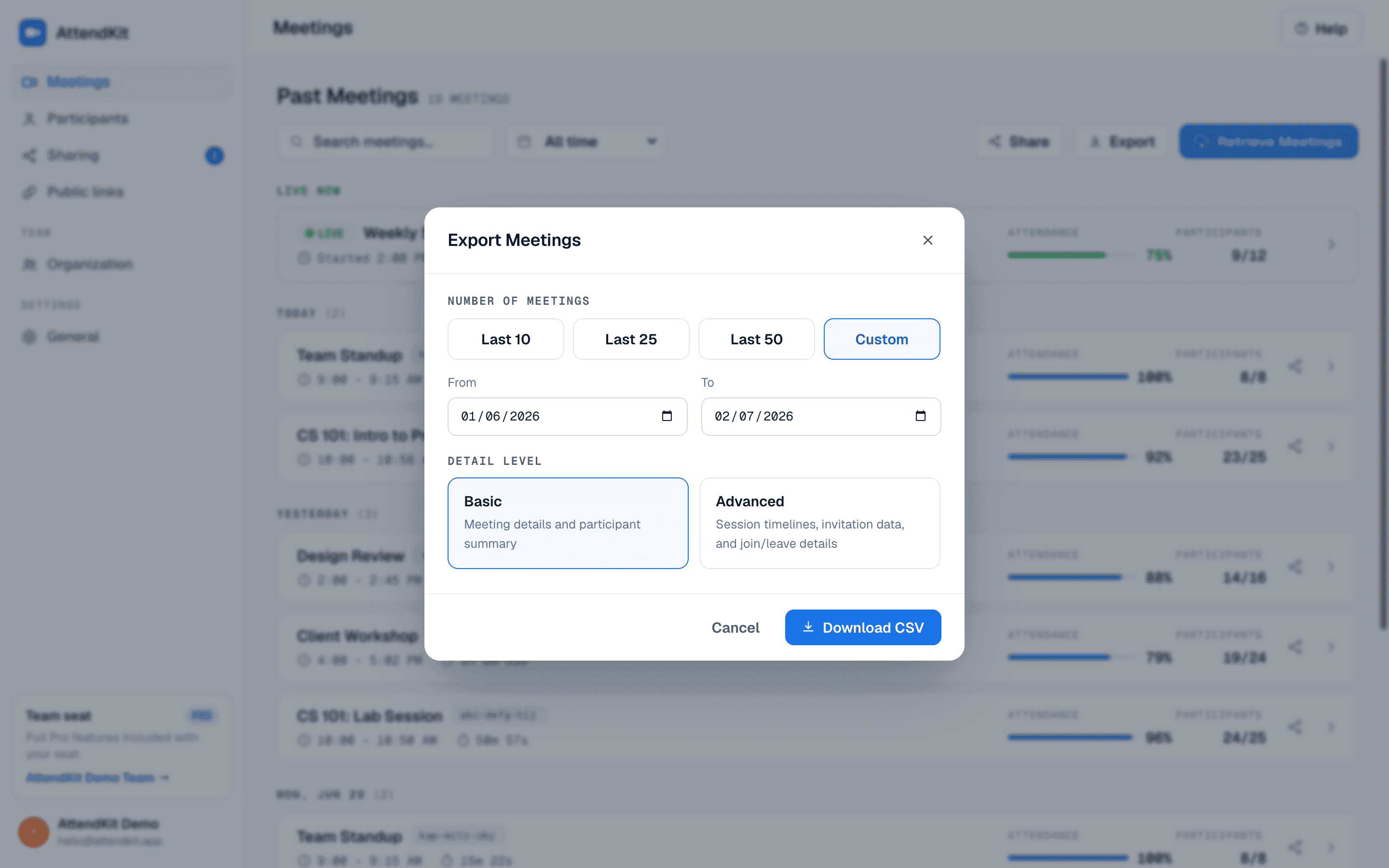 Bulk export dialog with a custom date range selected