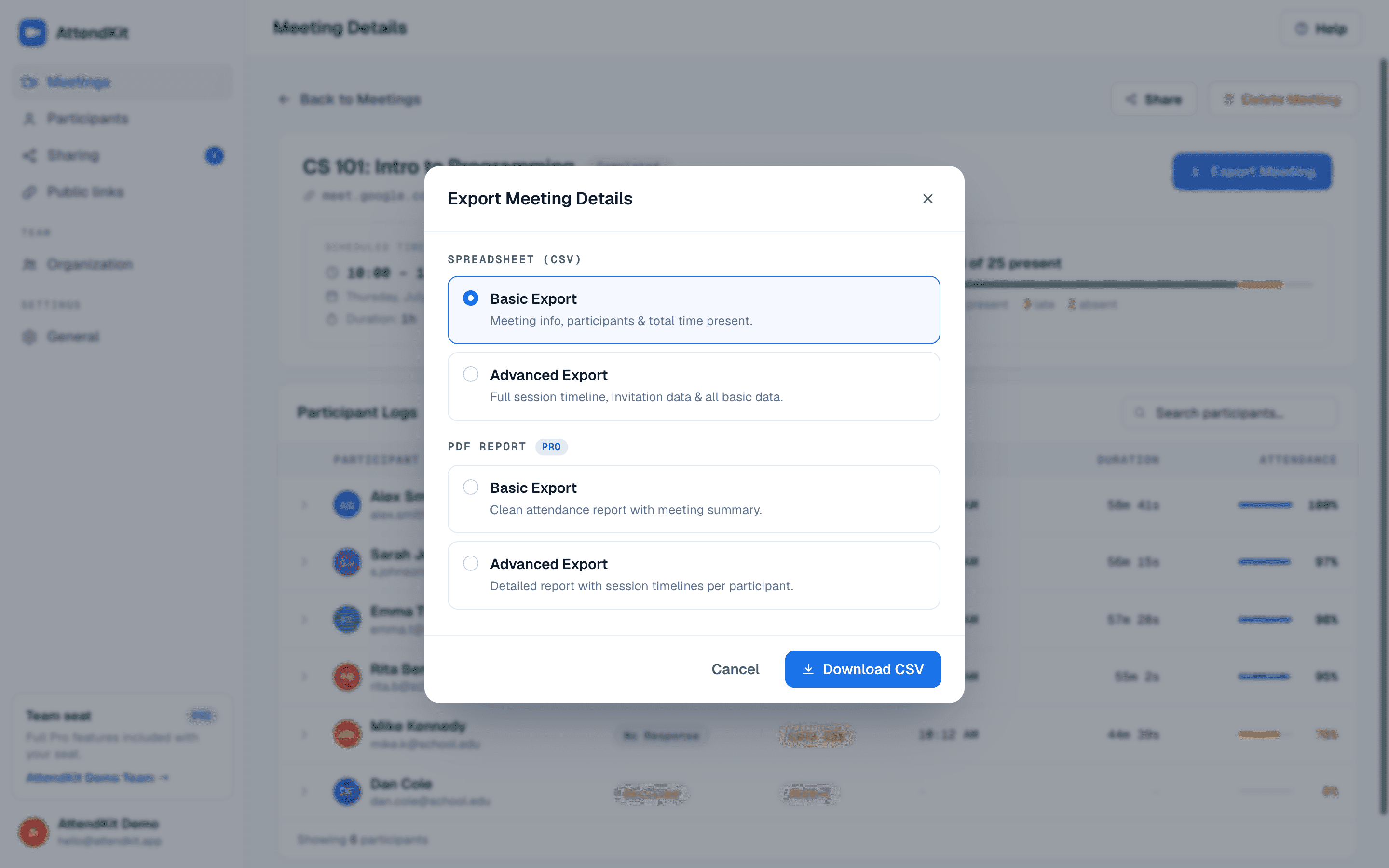 Export meeting dialog showing CSV and PDF options