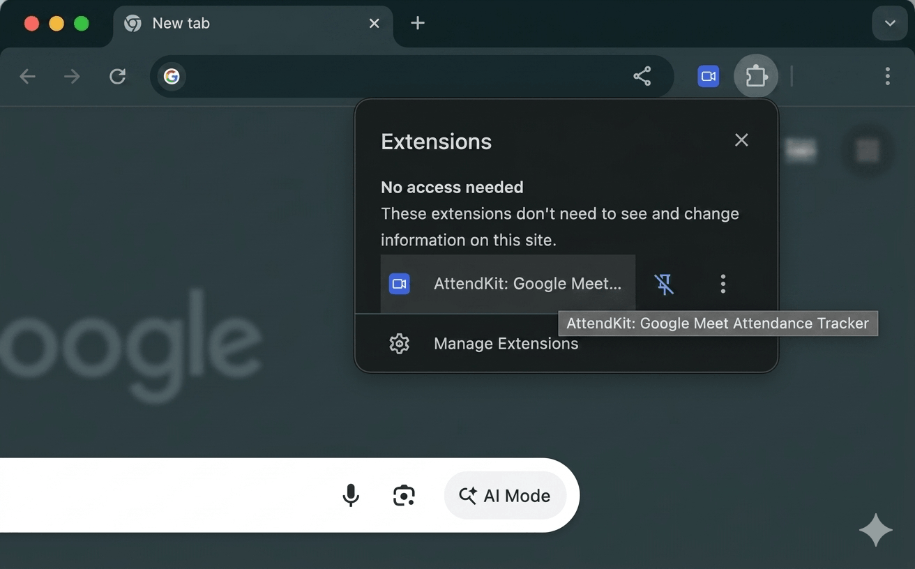 AttendKit Chrome extension pinned in browser toolbar