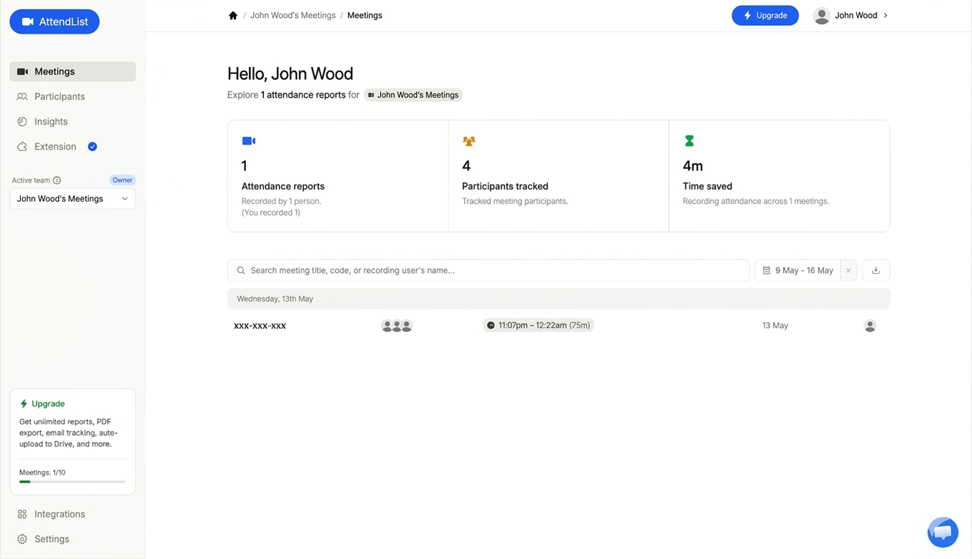 AttendList dashboard with meeting list and participant counts