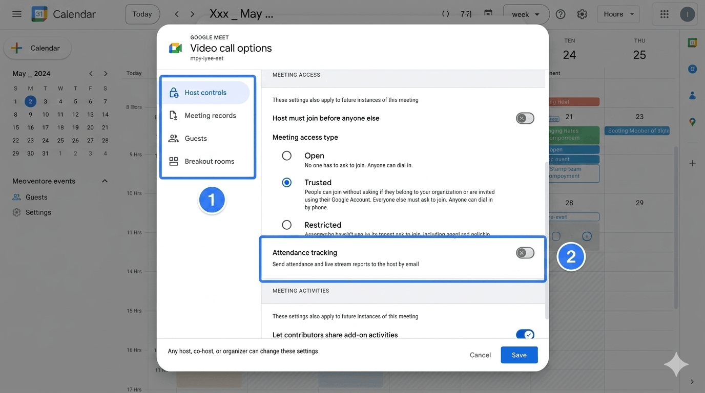 Google Calendar event settings showing the Attendance tracking toggle checkbox