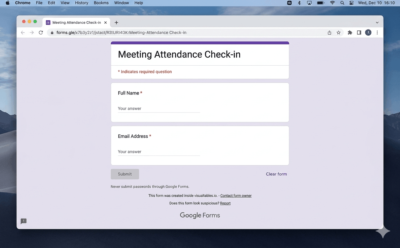 Simple Google Form with attendance check-in question