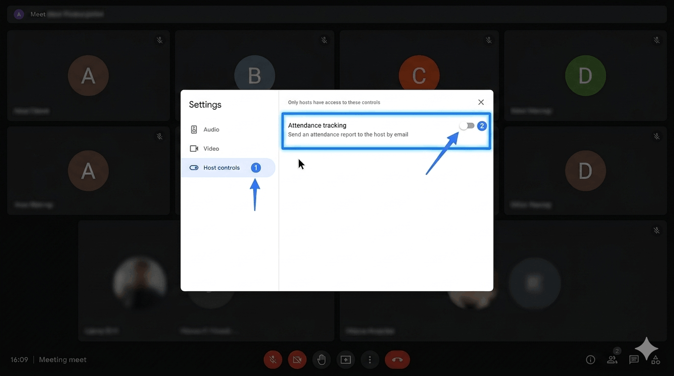 Google Meet Host Controls panel with Attendance tracking toggle