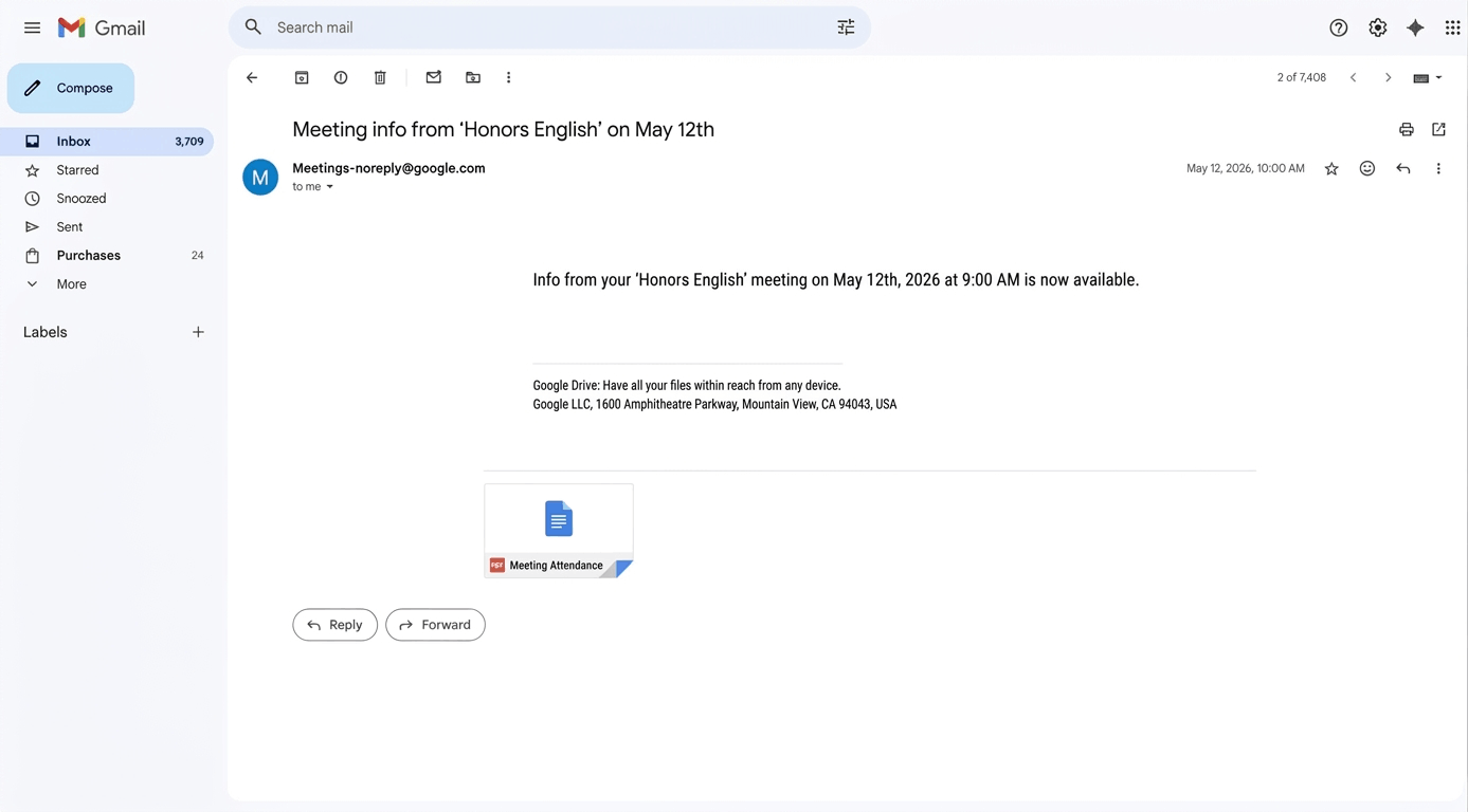 Sample Google Workspace attendance CSV email