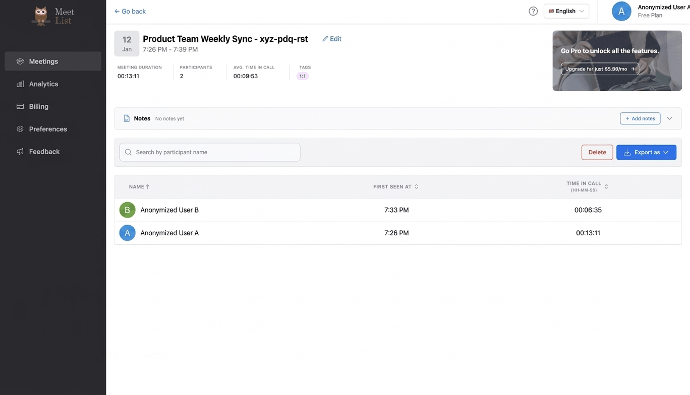 MeetList Chrome extension popup with participant CSV export