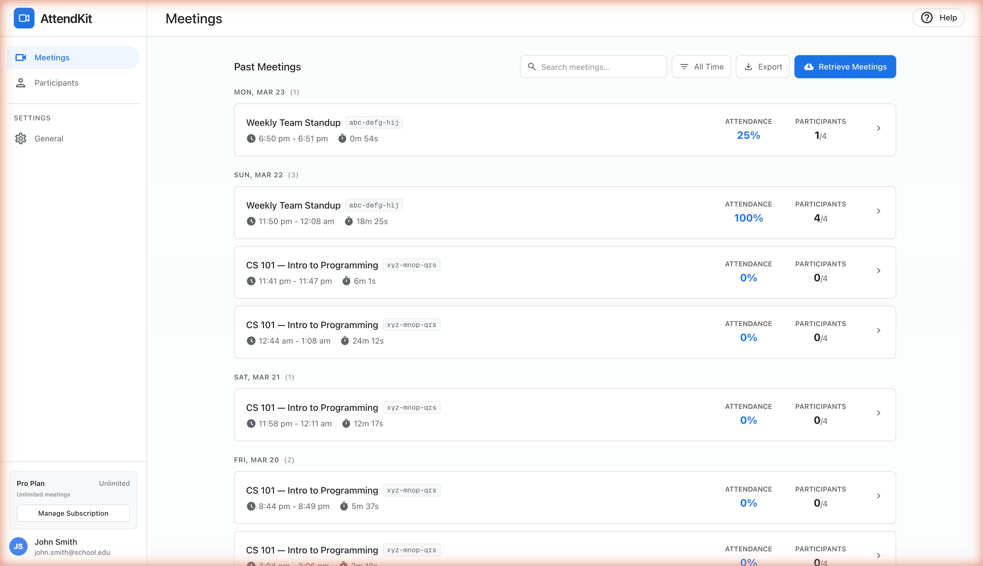 Teacher's AttendKit dashboard with class meetings and attendance percentages