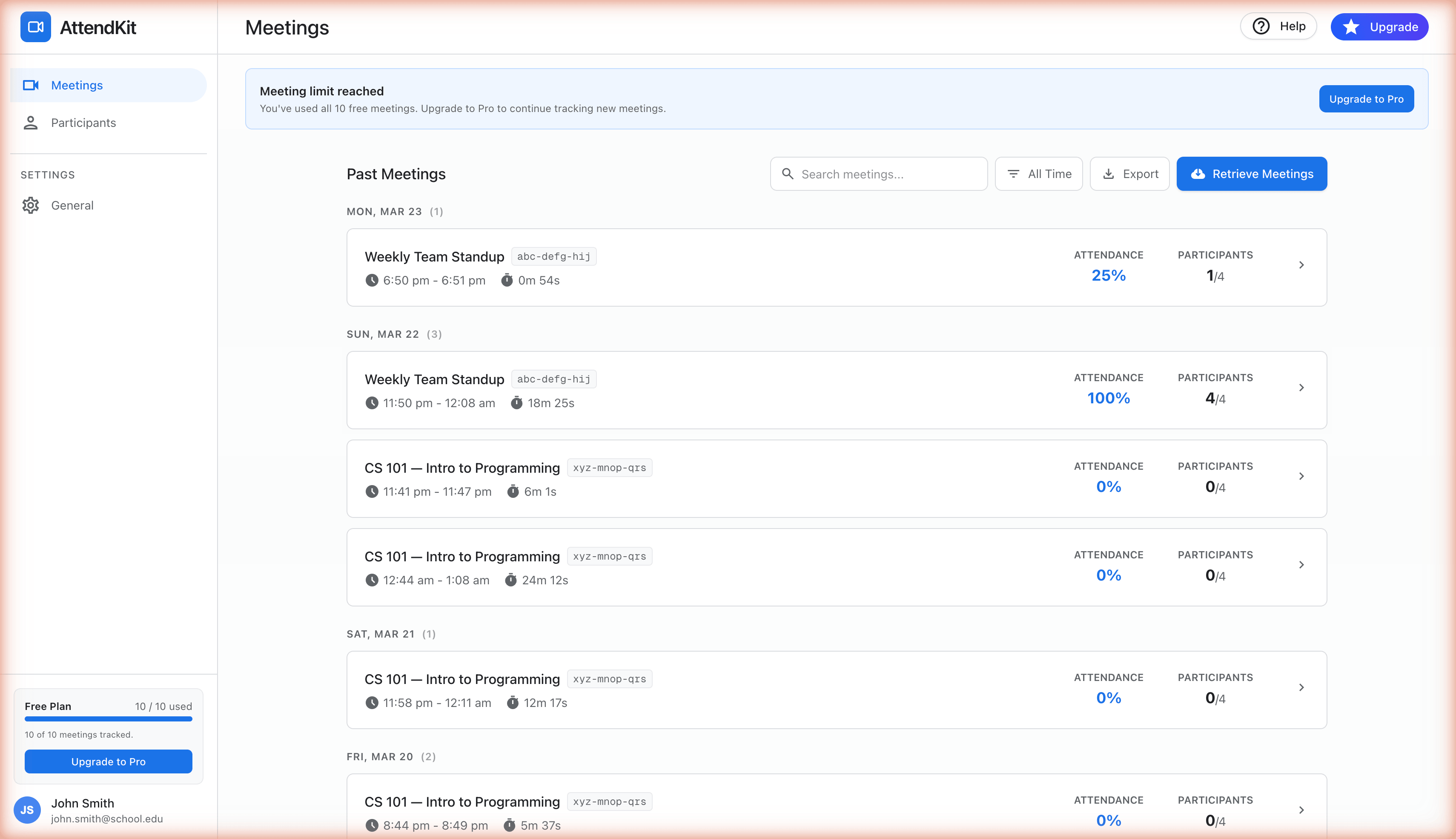 Limit reached banner on dashboard