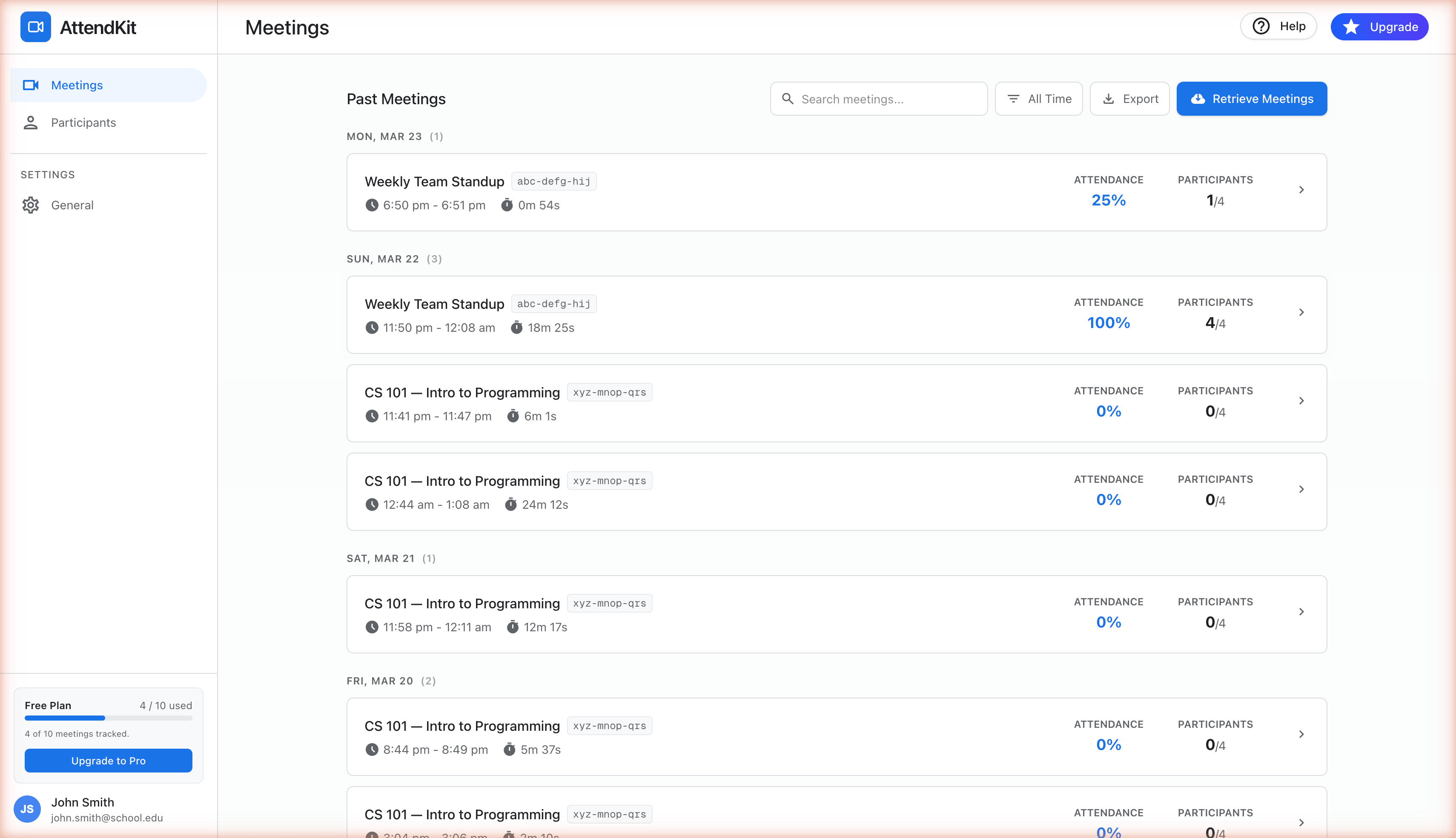Sidebar showing meeting usage counter