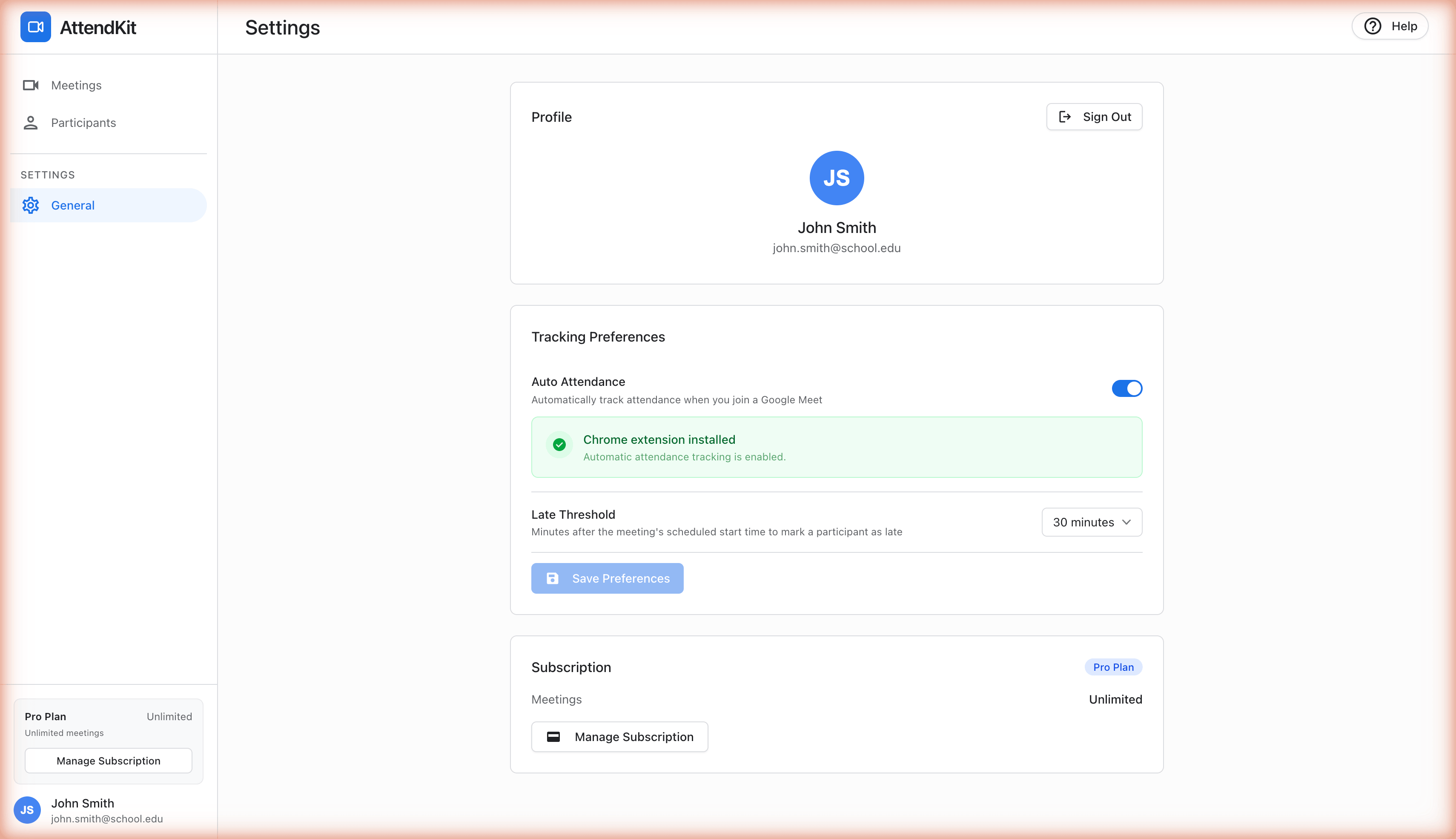 Settings page showing Chrome extension status and Auto Attendance toggle