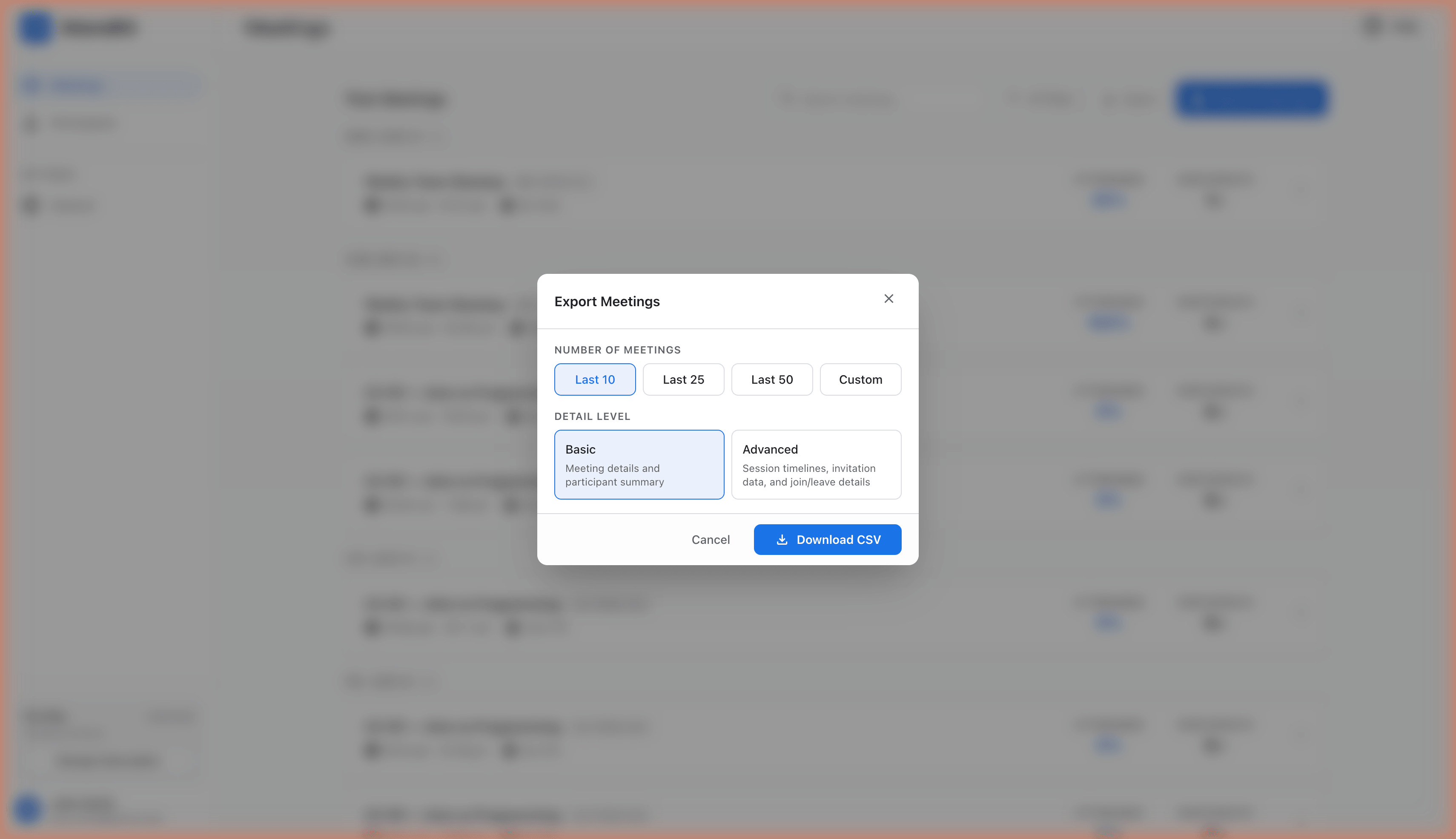 Bulk export dialog for downloading multiple meetings