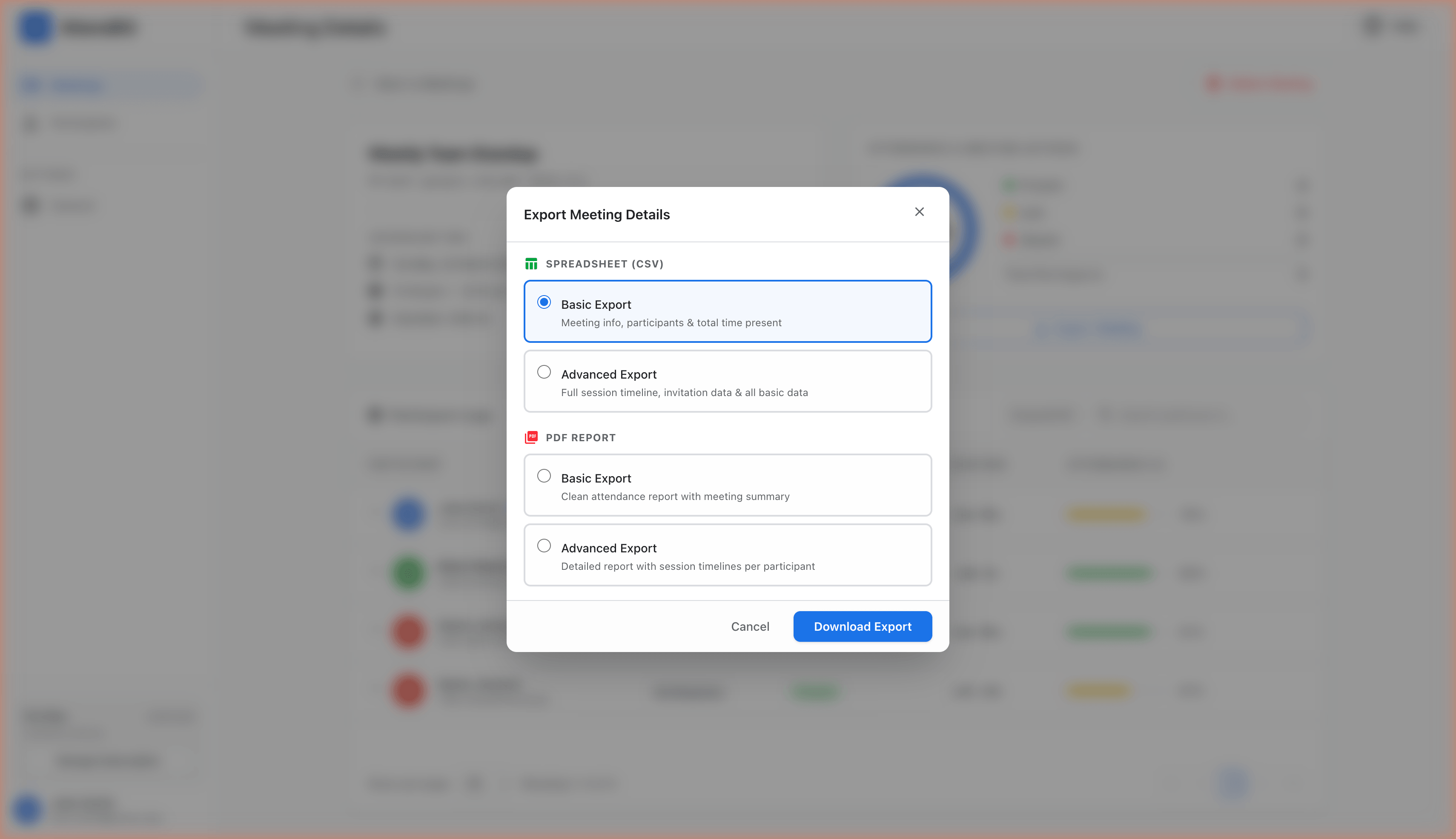 Export dialog with CSV and PDF format options