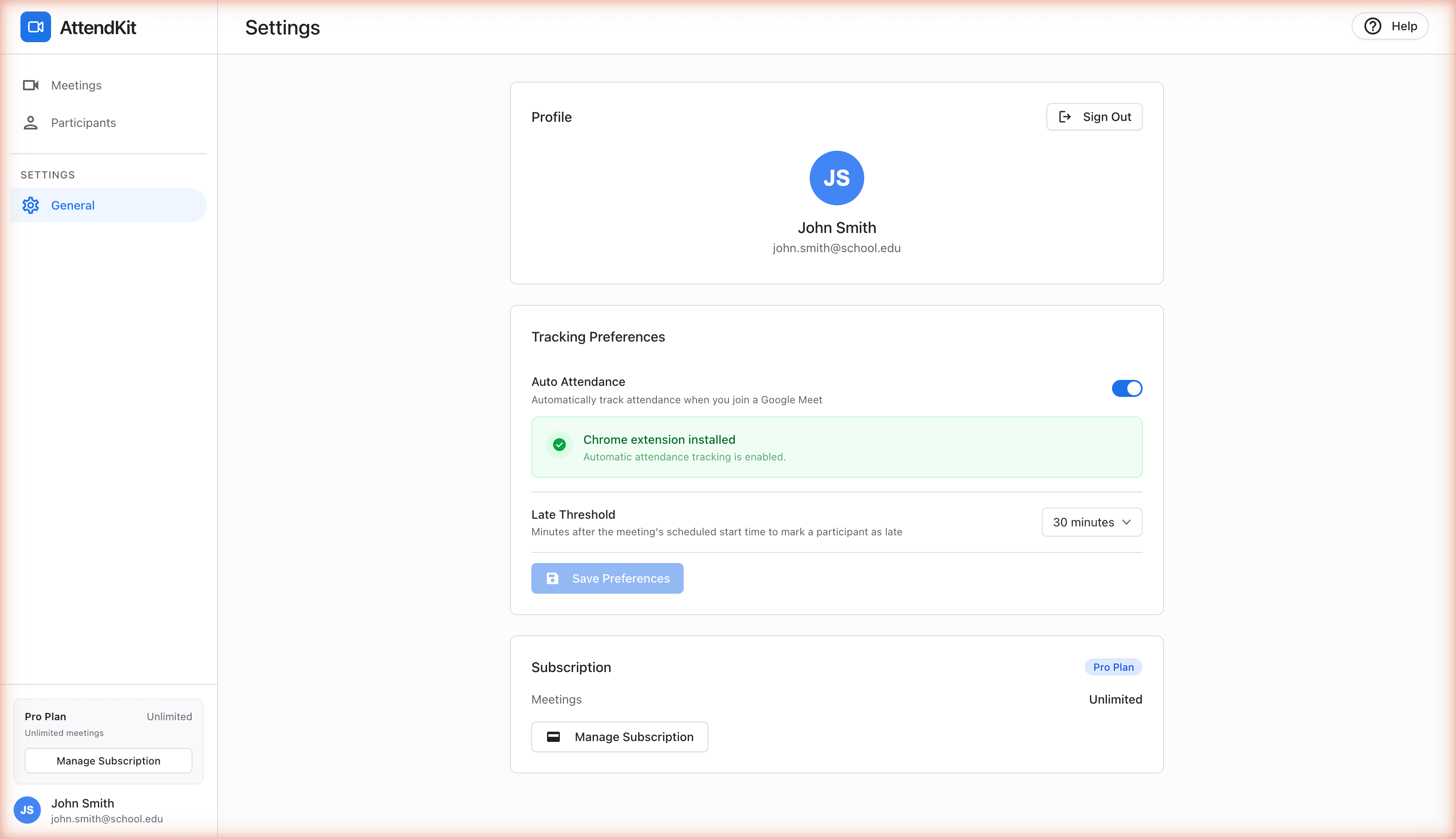 Settings page showing subscription management