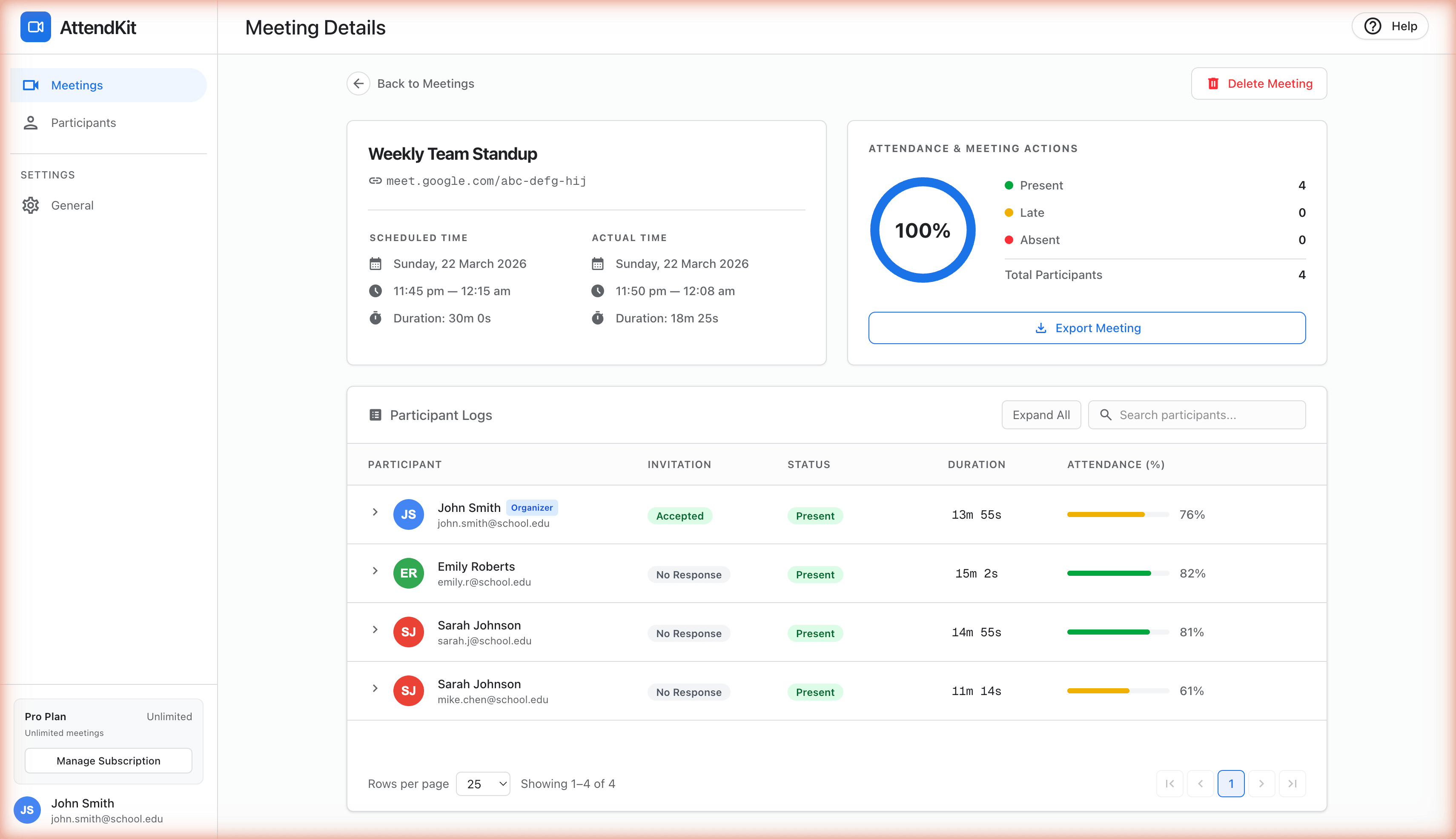 Complete attendance report generated without Workspace